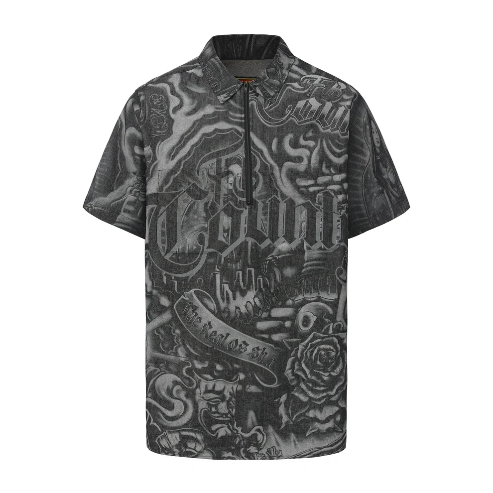 FB County Inked Up Hard Denim Short Sleeve Zip Shirt