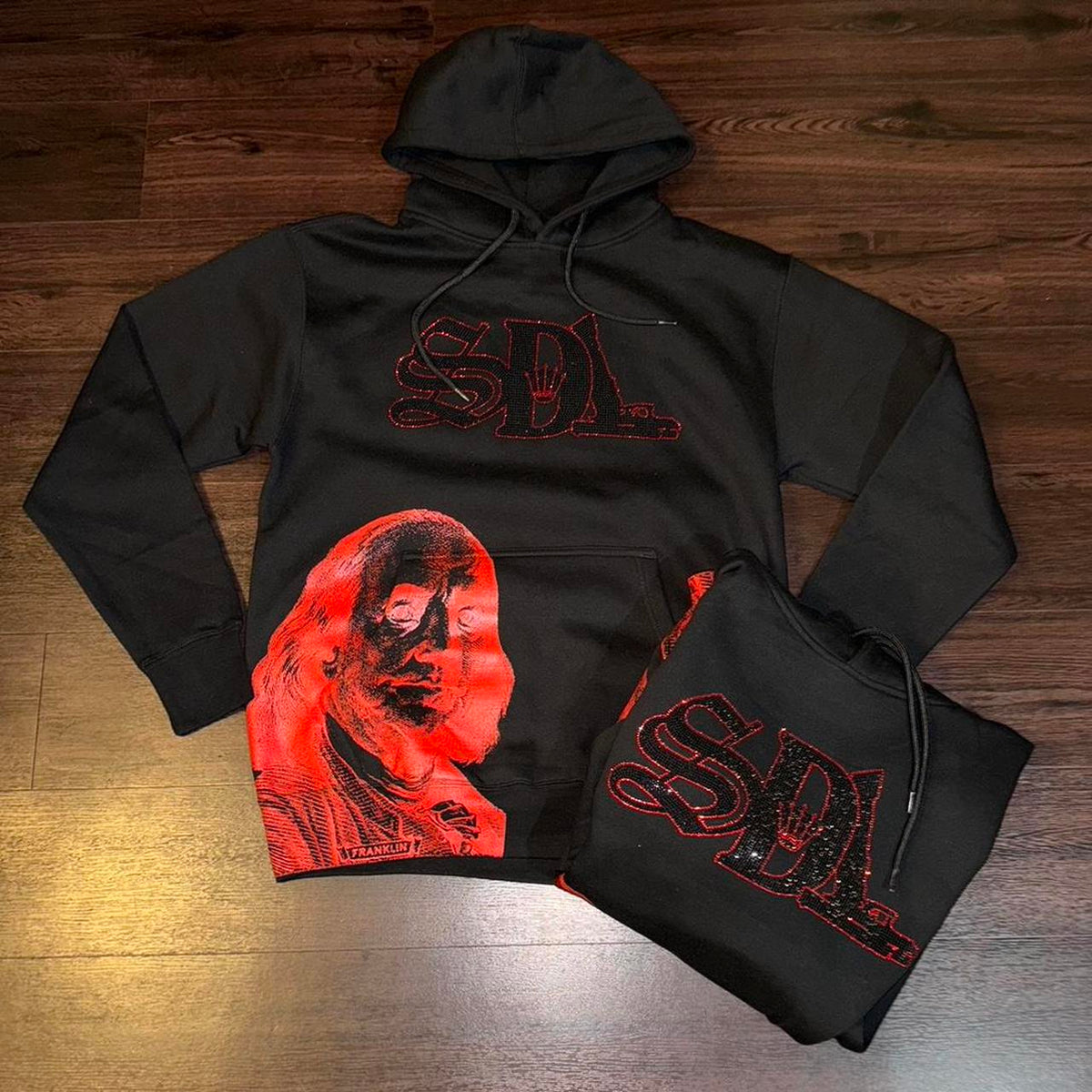 SDL Graphic Pullover Hoodie with Rhinestones