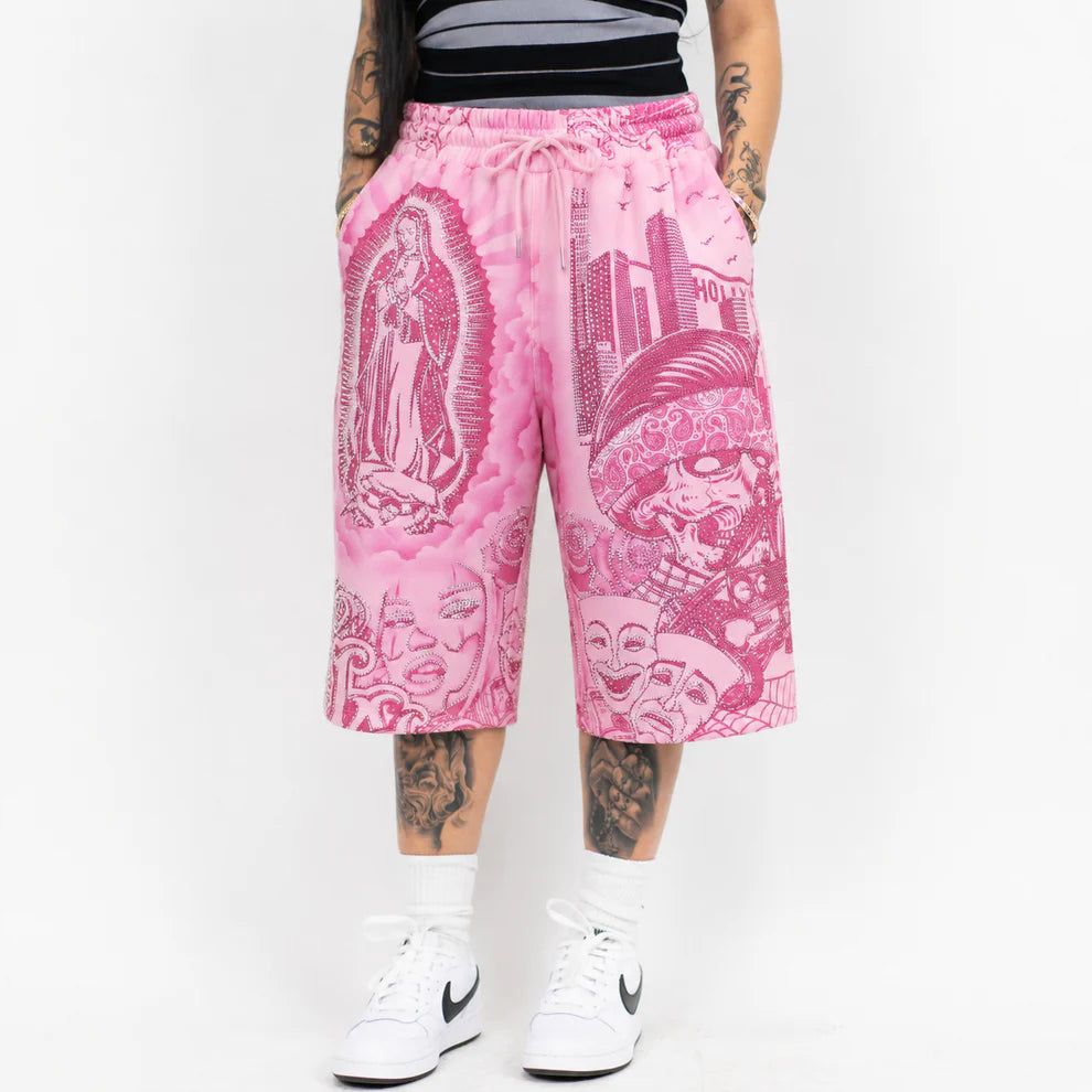 FB County Rhinestone Graffiti Baggy Fleece Shorts